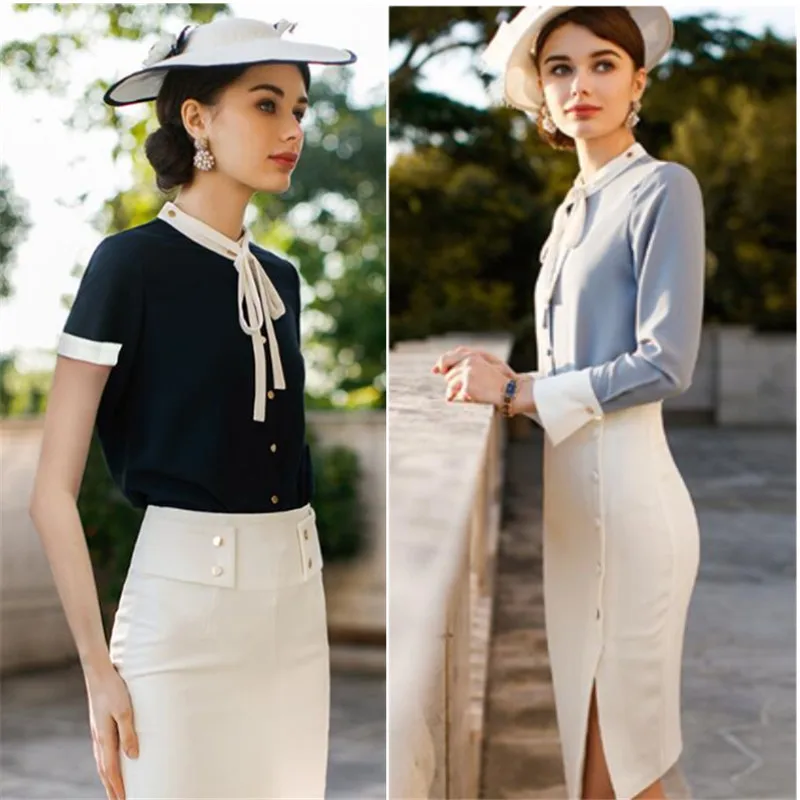 

Summer Spring Autumn Women Set Blouse Top Female Pencil Skirt High Waist Suits Office Lady Elegant Bodycon Formal Work 2 Pieces
