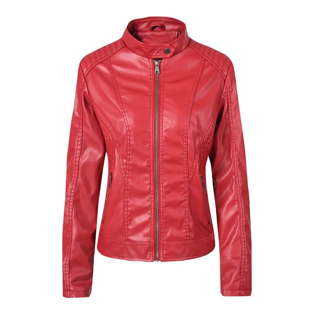 

Leather Warm Coat Winter Women Casual Button Slim Zipper Long Sleeve Bomber slim red Jackets Lightweight Jackets Bomber Famale