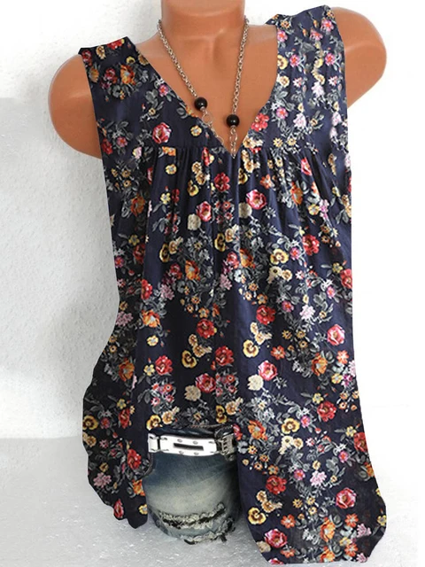 Fashion new casual large size T-shirt V-neck sleeveless vest temperament ladies T-shirt tops women Blue