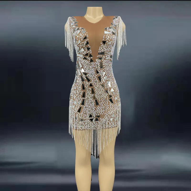 

Shining Silver Crystals Fringes Bodysuit See Through Birthday Celebrate Mesh Outfit Party Dance Female Singer Show