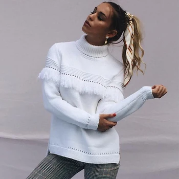 

Autumn Winter Sweaters Turtleneck Sweater Pullover Fashion Hollow Out Fringe Knitted Sweater Knitwear Ladies Knit Jumper White