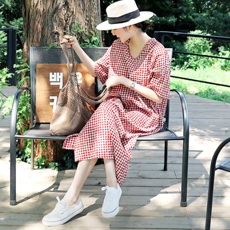 

Cotton Linen GIRL'S Dress over-the-Knee Long Base Skirt Large Size Loose-Fit Plaid Dress BF Students Slit A- line Skirt Fashion