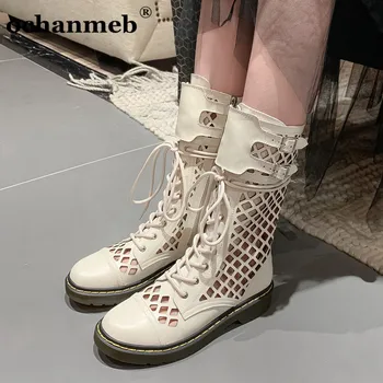 

ochanmeb Hollow Cut Out Boots Women Spring Autumn Genuine Leather Casual Basic Party Shoes Woman Zipper Platform Short Boots