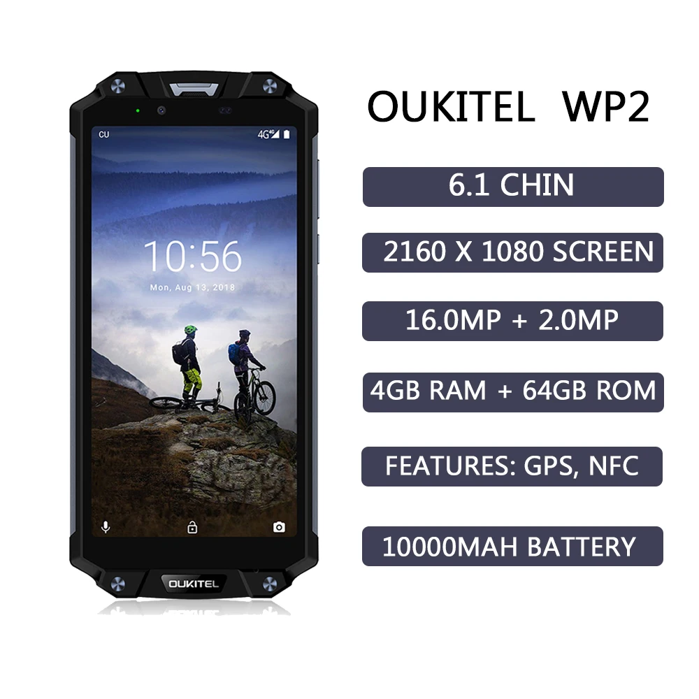 10000 мАч OUKITEL WP2 4G водонепроницаемый 6,0 дюймов смартфон 2160x1080 ips Восьмиядерный 4 Гб ram 64 Гб rom 16 МП Camrea gps NFC телефон