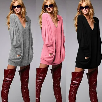 

Solid Color Women Tops Warm Autumn Winter Dress 2020 Sexy Deep V Neck Comfortable Warm Loose Dress Vestidos Kleider