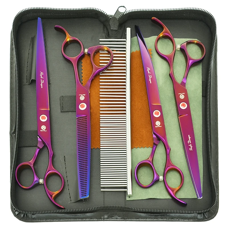 Animal em Linha Dragão Roxo Profissional Aparar Tesoura Reta Curvo Corte Desbaste Tesouras Cão Grooming B0045b 8.0 Pet 1 Dragão roxo 8 polegada profissional pet aparar