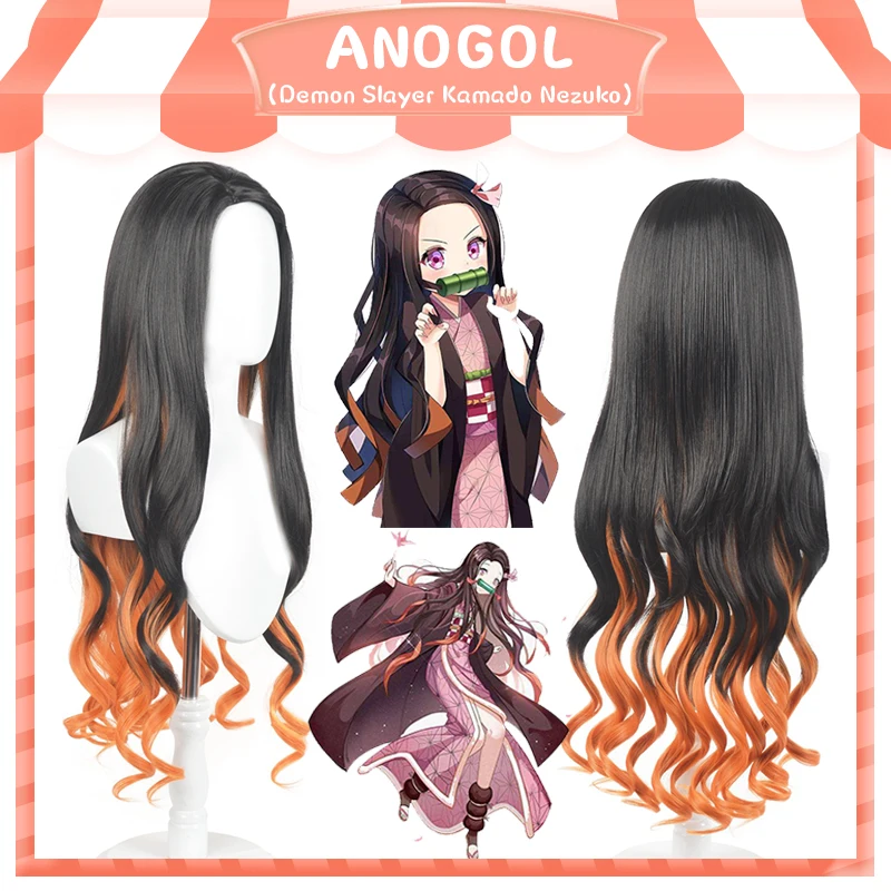 

ANOGOL Brand New Demon Slayer Kamado Nezuko Synthetic Cosplay Wigs Kimetsu no Yaiba Black Orange Cosplay Costume Wigs for girls