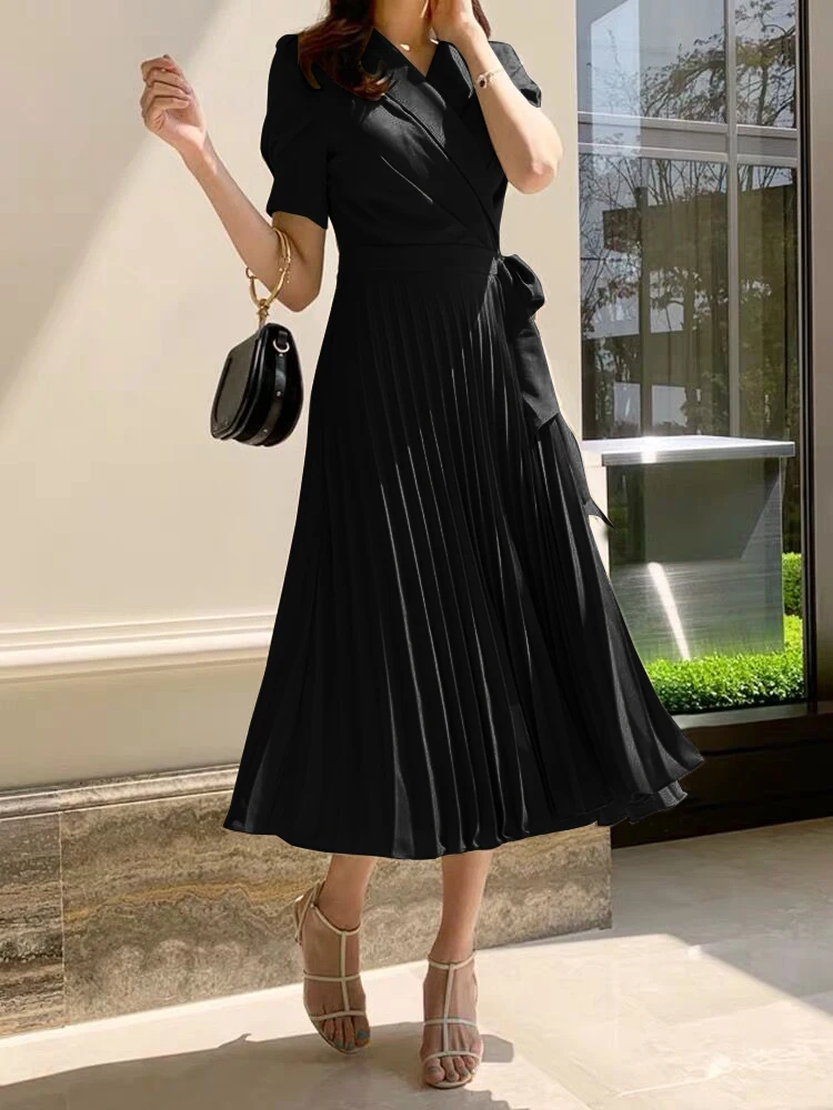 Korean Short Sleeve Pleated Women Dress Office Ladies Lace Up Notched Blazer Dress Adjustable waist Midi Dress 2020 Summer New
