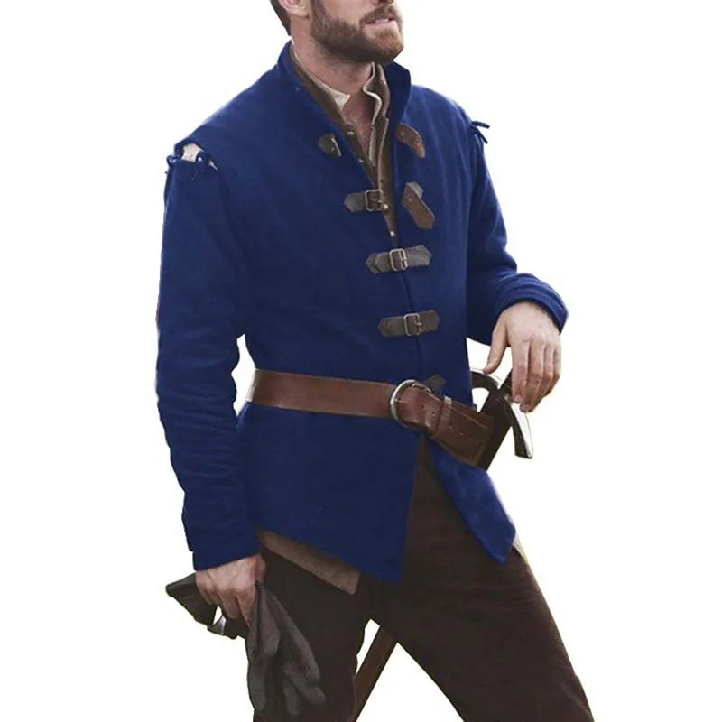 Новинка, средневековый рыцарь, косплей, пальто, мужской костюм, сплошной цвет, воротник, кожа, пряжка, топы, для взрослых, мужчин, длинный рукав, топы - Цвет: dark blue