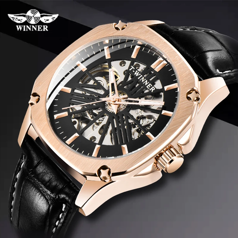 

WINNER Waterproof Military Watch Men Automatic Mechanical Mens Watches Top Brand Luxury Skeleton Dial Leather Strap Wristwatch
