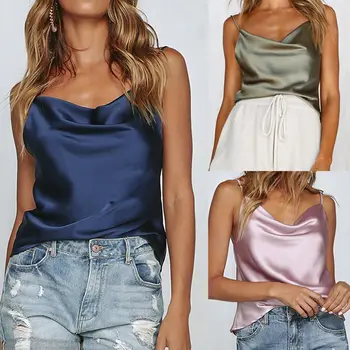 

Summer Women V-Neck Satin Silk Strap Backless Vest Top Ladies Casual Sleeveless Tank Tops Camis Sleepwear Solid Color 2020 new