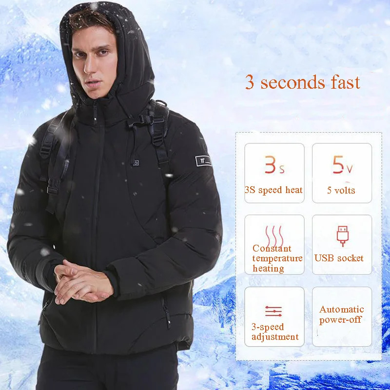  Men's Winter Outdoor Intelligent USB Work Hooded Heating Jacket Coats Adjustable Temperature Contro