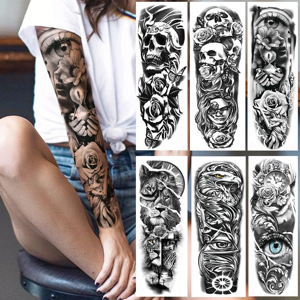 Full Arm Evil Eye Temporary Tattoo Sticker For Men Women Realistic Skull Rose Flower Tatoos Body Art 3d Waterproof Fake Tattoos Temporary Tattoos Aliexpress