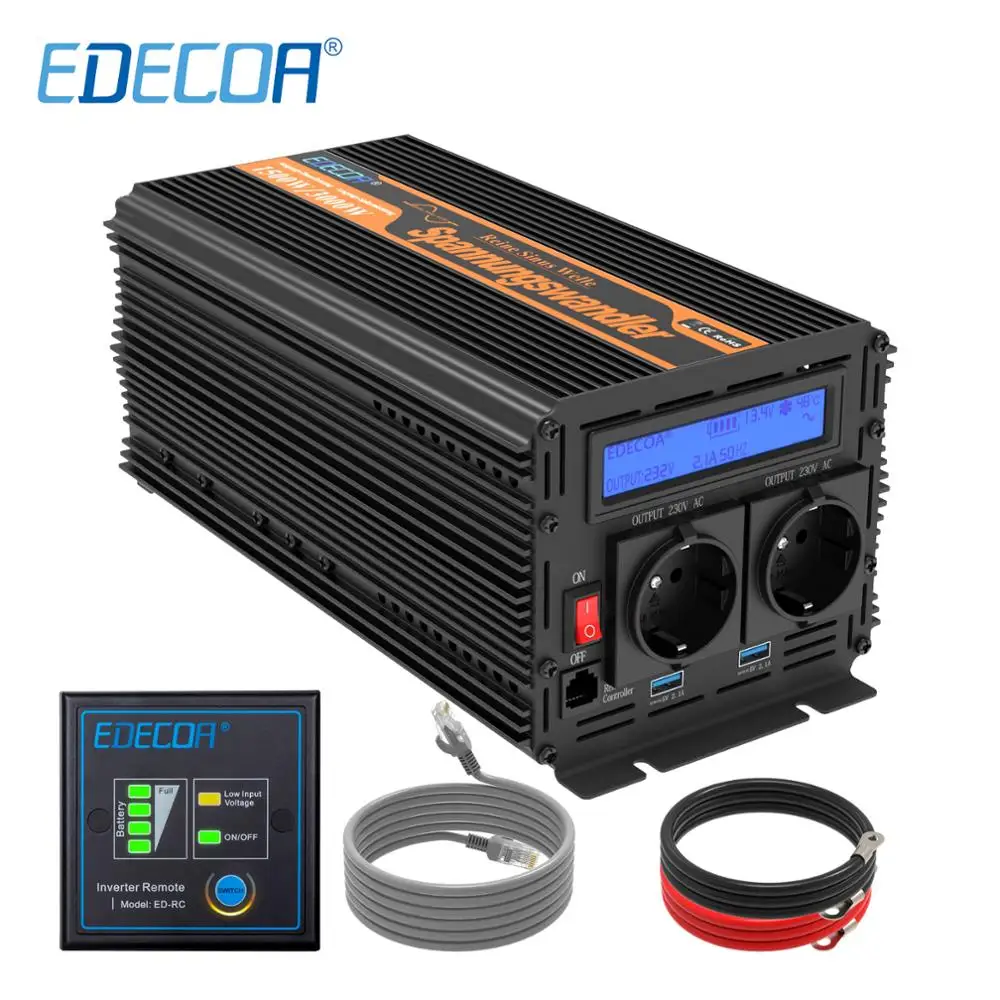 EDECOA pure sine wave power inverter DC 12V to AC 220V 1500W peak 3000W с 5V 2.1A USB пульт дистанционного управления