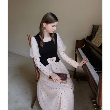 

2020 New Spring French Girl Vintage Bow Mesh Patchwork Faux Two Piece Dress Slim High Waist O Neck Long Sleeve Women Dresses