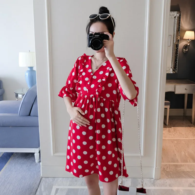 

Summer New Style Dotted Chiffon Dress Summer Wear Short Sleeve Maternity Dress Loose And Plus-sized Fashion Polka Dot Skirt Summ