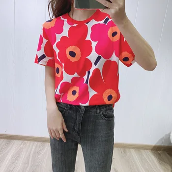

Women T-shirt 2020 Spring and Summer Sun Big Flower Printed Cotton Short-sleeved T-shirt Women