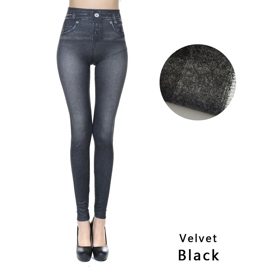 Женские Модные обтягивающие леггинсы из искусственной лосины из джинсовой ткани повседневные узкие брюки с карманами зимние бархатные теплые леггинсы размера плюс - Цвет: Velvet Black