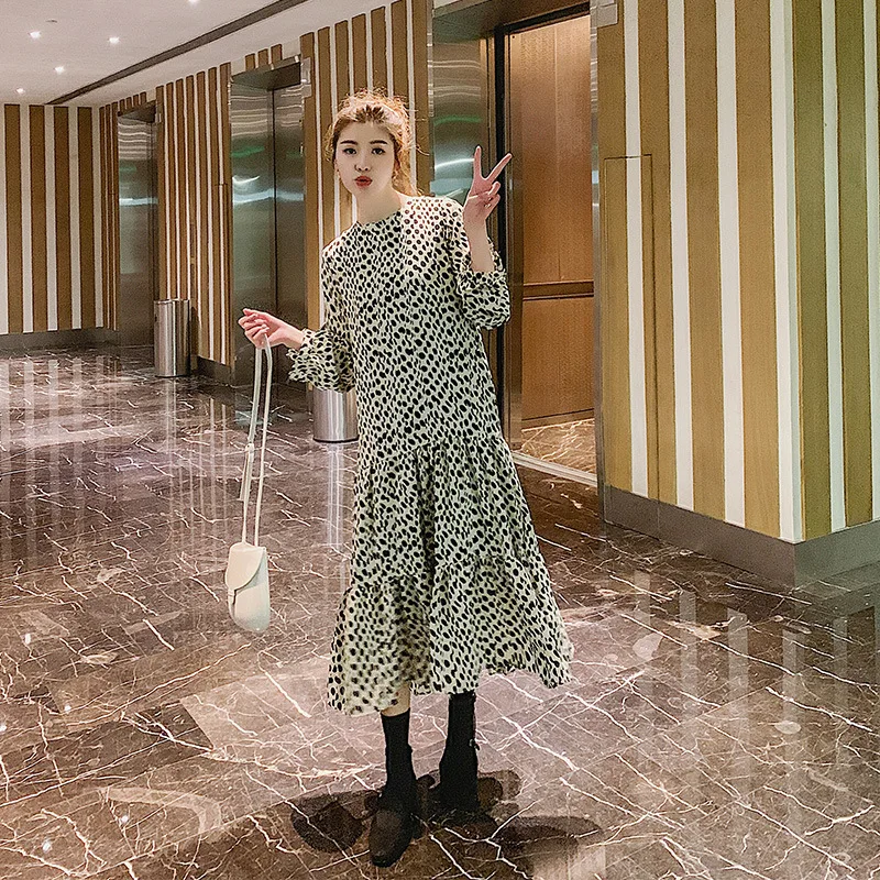 

Spring Clothing 2019 New Style Korean-style Fashion Spot Printed Flounced Dress Women's Casual Loose-Fit Big Hemline Dress