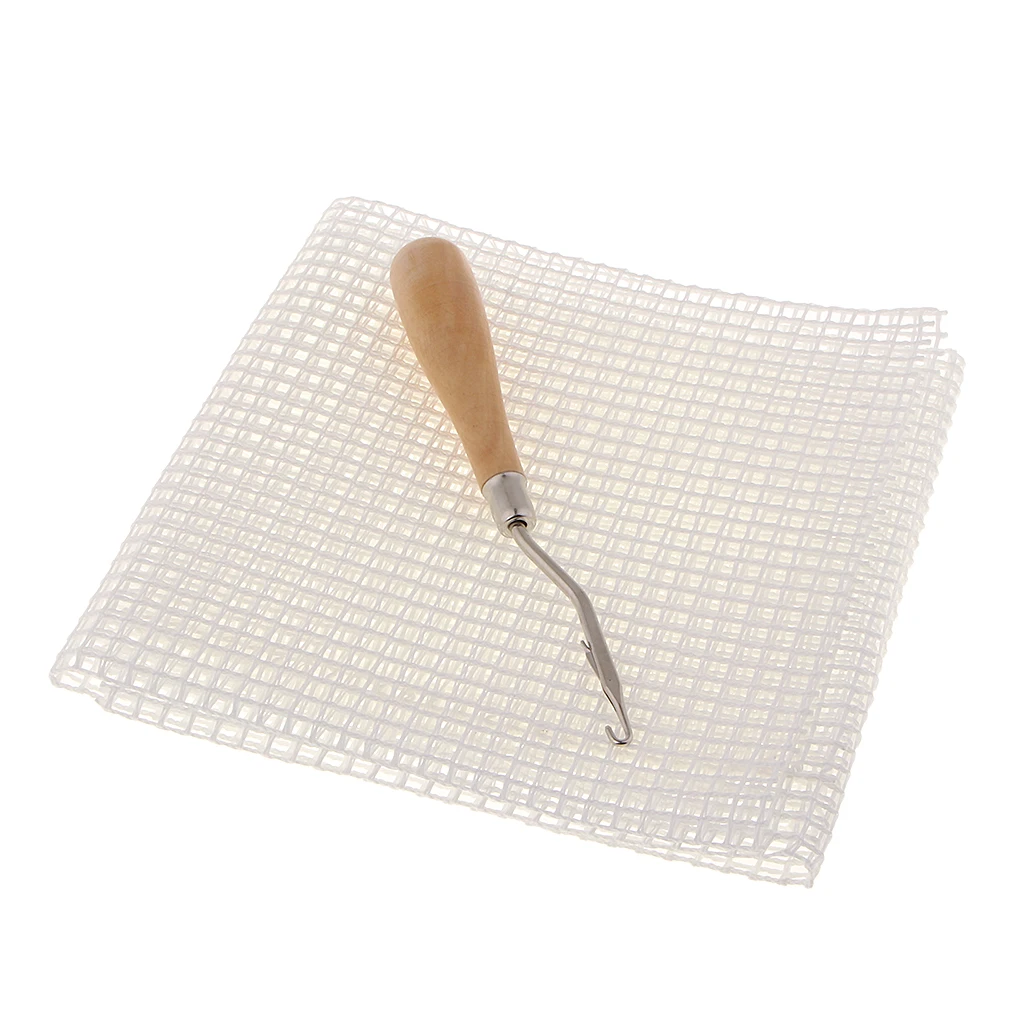 Rug Making Kit Canvas Mesh Blank White & Wood Bent Latch Hook Needle Crochet DIY Cushion Carpet Rug Making Mat Crochet Needle