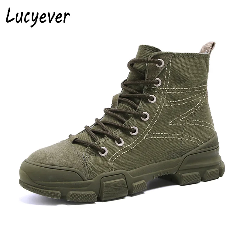 

Lucyever Woman Military Style Canvas Ankle Boots Lace Up Height Increasing Platform Casual Shoes Woman Camouflage Combat Boots