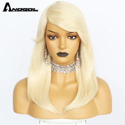 ANOGOL Natural Platinum Medium Hair with Inclined Bang Wig Heat Resistant Synthetic Multicolor Optional Rose Hairnet Cosplay Wig