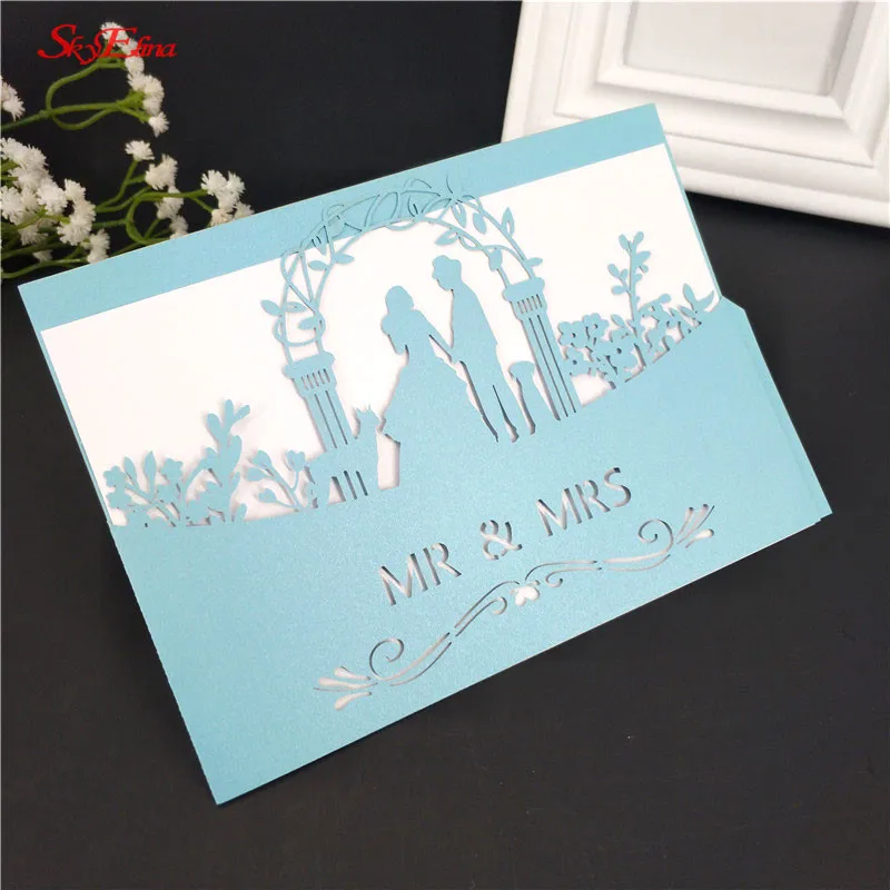 Sky Blue 10 шт. лазерная резка MR& MRS романтическое приглашение на празднование свадьбы карты свадебные приглашения деликатный резной рисунок с пустой внутренней Page7Z - Цвет: Sky Blue
