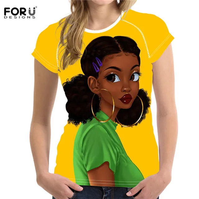 FORUDESIGNS/женские футболки Повседневная летняя одежда американская африканская темнокожая девушка художественный дизайн студенческие девушки тонкие топы футболки - Цвет: HMC1708BV