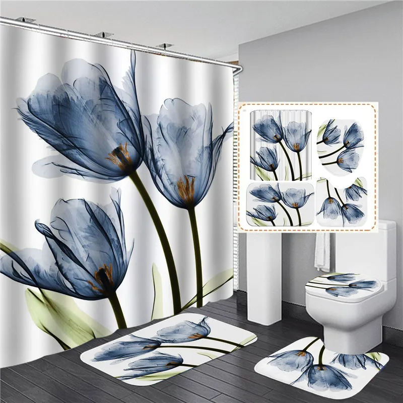 Tulips Lavender Hope Printed Waterproof Bath Shower Curtain Set Non-Slip Carpet Mat Floor Toilet Cover Home Bathroom Bathmat Rug - Цвет: Style B