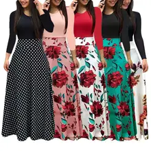 2020 de las mujeres de talla grande bohemio Maxi vestido con mangas largas de bloque de Color Polka Dot Floral Patchwork vestido imperio cintura Vintage S-5XL