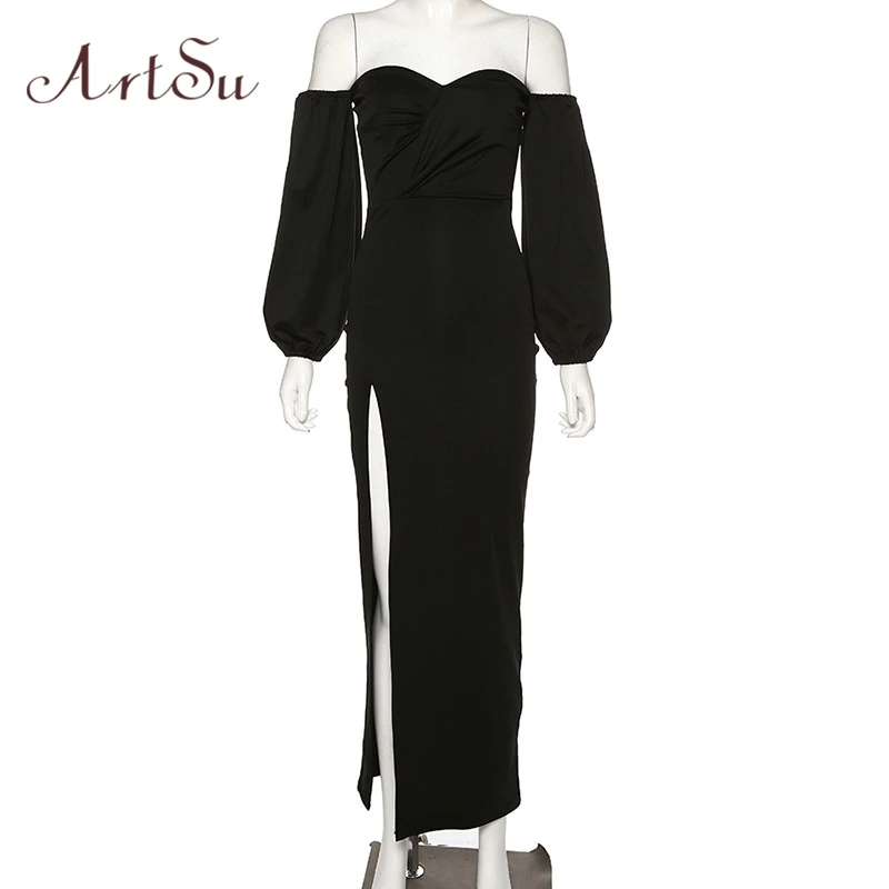 ArtSu Sexy Off Shoulder Long Sleeve Maxi Dress Christmas Red Bodycon Long Party Dress Elegant Ladies Club Dresses ASDR60641