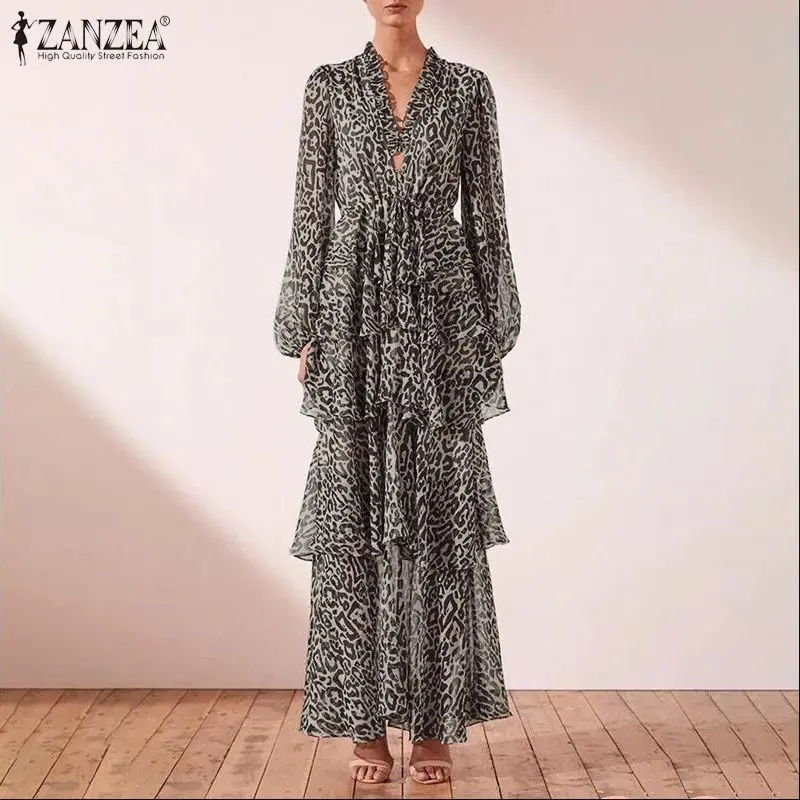 ZANZEA, женский сарафан, модное леопардовое платье макси, летнее платье с глубоким v-образным вырезом и рукавами-фонариками, Vestidos, женские свободные платья с оборками