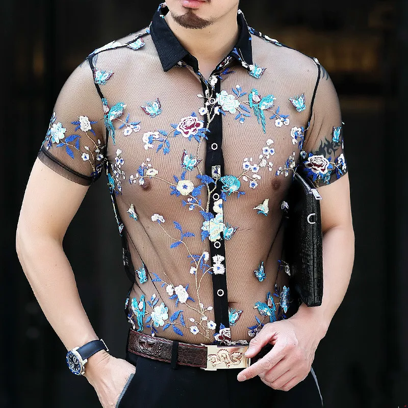 

Hot Sexy Mesh Short Sleeve Summer Emboridery Camisa Hombre Slim Fit Transparent Men Outfit Top 4xl Flower Shirt