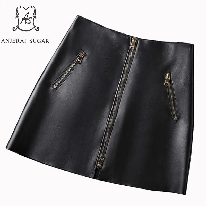 Herfst rok womens sexy zwarte echte schapenvacht lederen hoge taille gouden rits OL jupe femme korte A-lijn micro mini rokken Herfst rok womens sexy zwarte echte schapenvacht lederen hoge taille gouden rits OL jupe femme korte A-lijn micro mini rokken