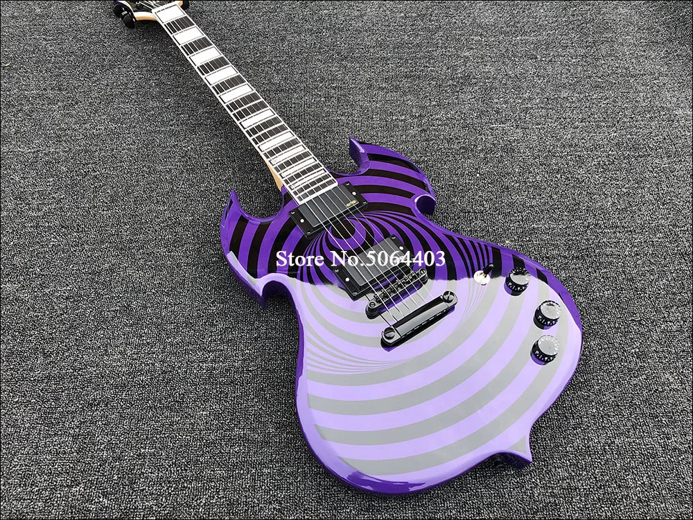 Высококачественная электрическая гитара в форме, фиолетовая краска, круглый черный шпон, гриф из розового дерева, включая стоимость доставки