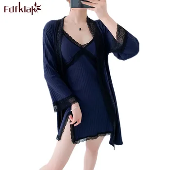 

Fdfklak Fashion new women bathrobe spring autumn cotton pijama set two piece sleepwear robe lounge wear female dressing gown