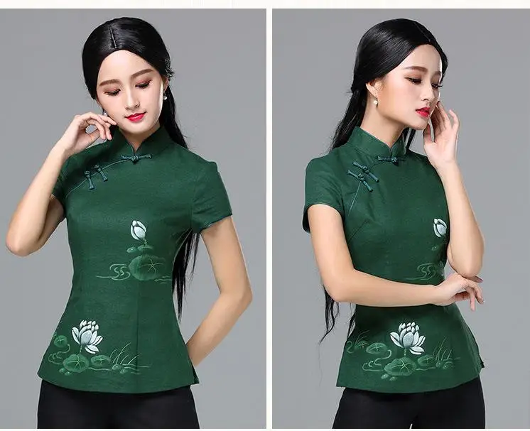 Хлопковая льняная тонкая приталенная винтажная китайская рубашка Cheongsam с пуговицами в виде лягушки, женская летняя Этническая футболка с коротким рукавом