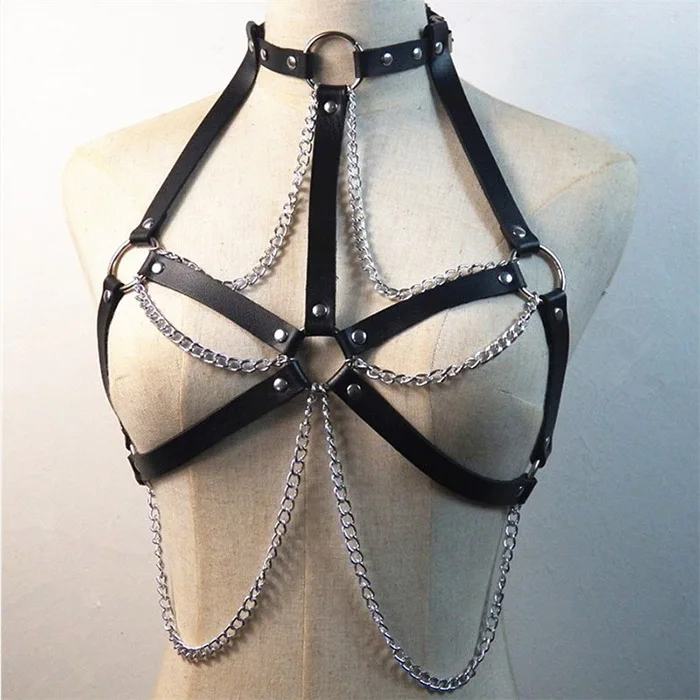 Goth Cupless бюстгальтер укороченный топ кожаный звено цепи топ из ремешков для женщин боди грудной бандаж ремни металлические цепи уплотнительные кольца Жгут Бюстгальтер подвязка - Цвет: Черный