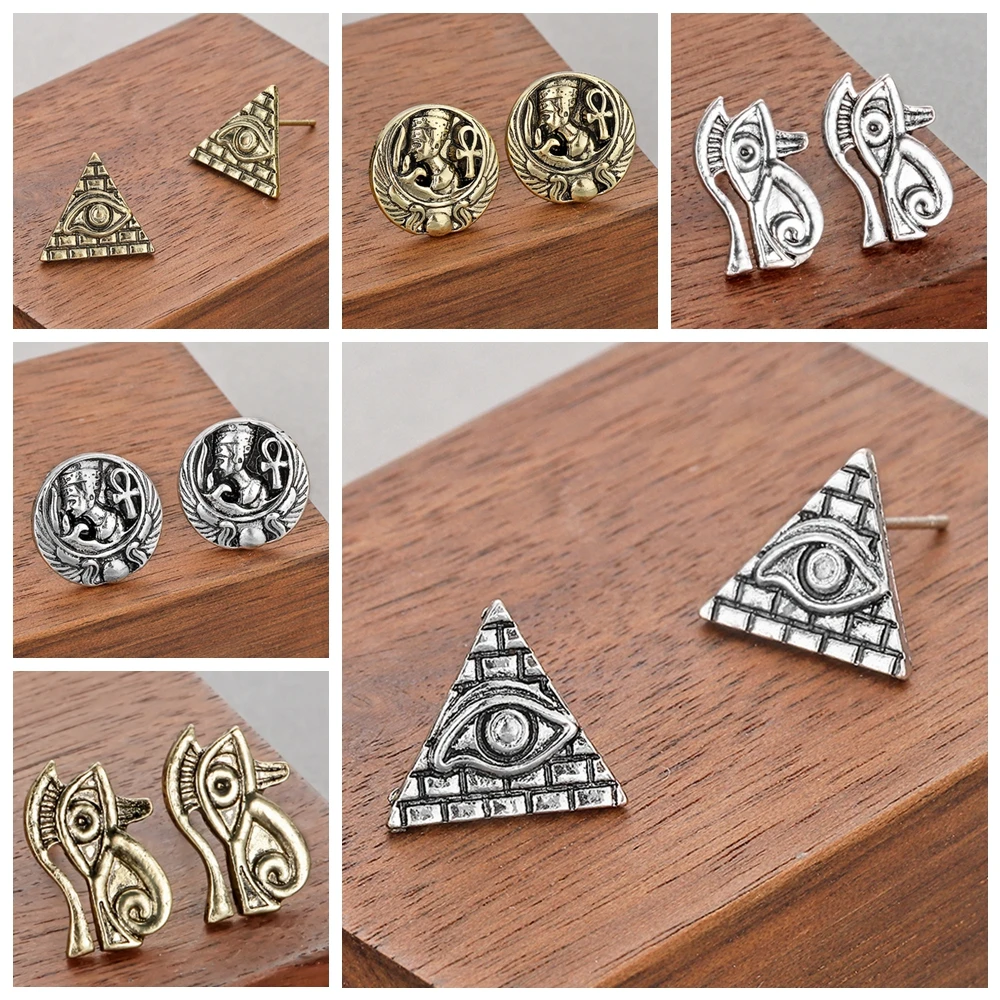 

Egyptian Stud Earring Pharaoh Earring Ankh Cross The Eye Of Horus Pyramid Stud Earrings 2 Colors Antique Gold & Antique Silver