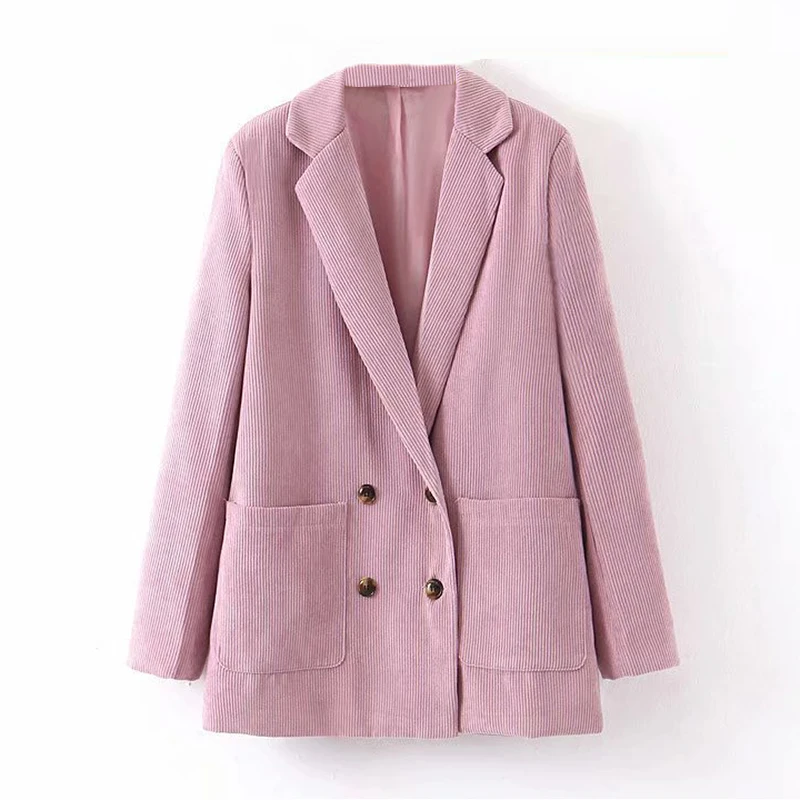 Women Double Breasted Pink Blazers Autumn Striped Pockets Long Sleeve Casual Coat Suit Notched Neck Office Fashion Jacket Lady