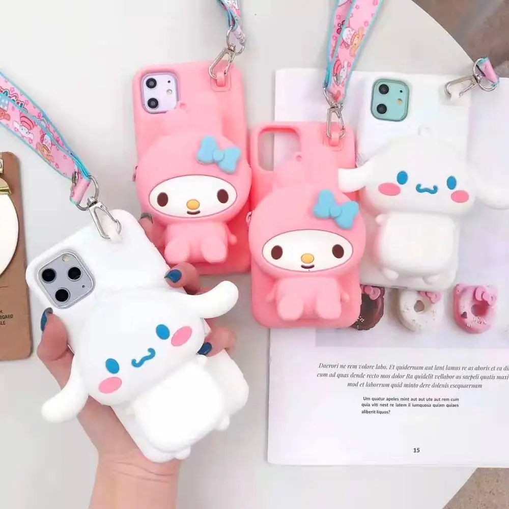 EPENA phone Cover Case for iphone 11 pro XR XS Max 7 8 plus 6 6S Plus Super Cute 3D Cartoon My Melody Dog Bear Lanyard Soft bag |