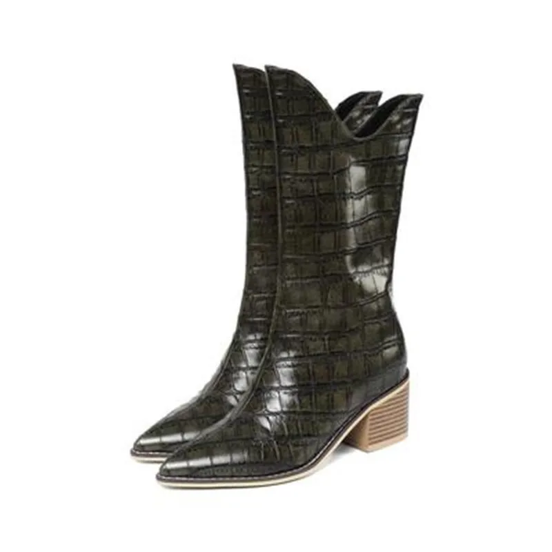 Pointed Toe Dress Women Boots Plaid Leather Thigh High Boots Stylish Med Heels Size 43 Ladies Botas Mujer Brand Military Boots - Цвет: as pic