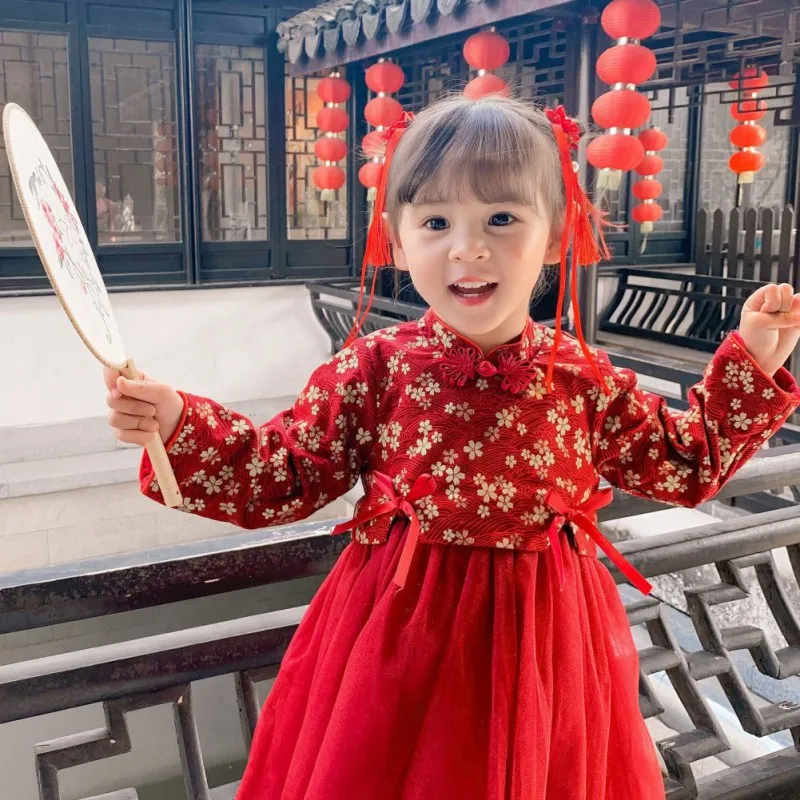 Детское осенне-зимнее платье для девочек; Новогоднее платье принцессы с вышивкой из сетчатой ткани и бархата в китайском стиле с длинными рукавами