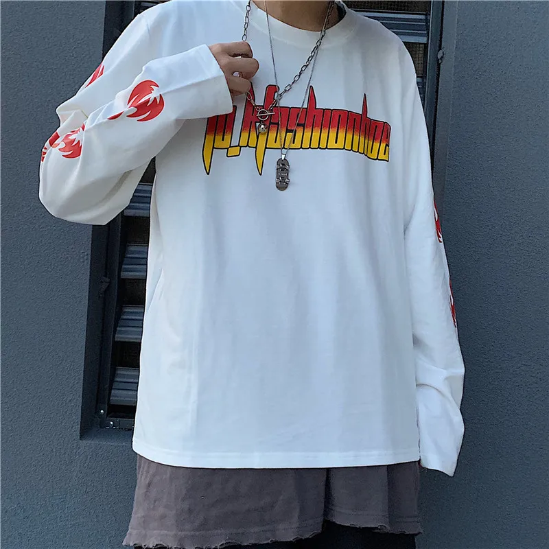Lychee Harajuku Свободные женские футболки с вырезом лодочкой футболки с принтом пламени и буквами женская футболка Топ Весна Осень Женские футболки топы