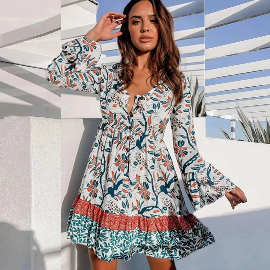 TEELYNN boho мини платье вискоза цветочный принт платья v-образный вырез с длинным