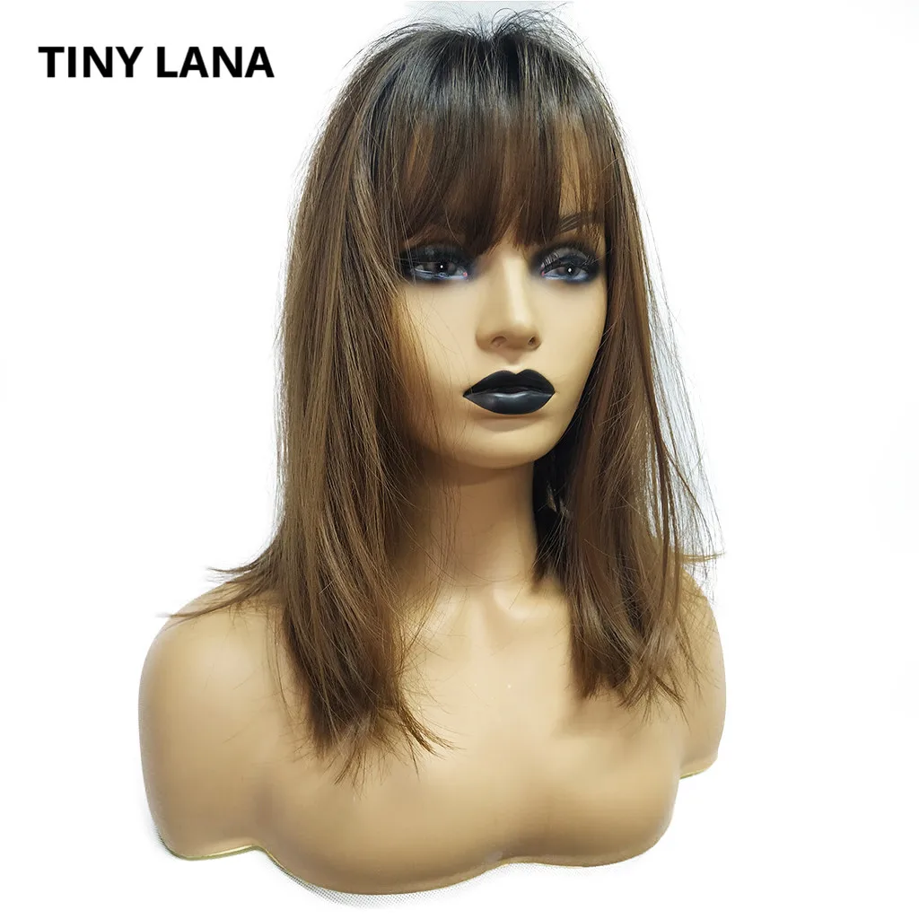 

TINY LANA Medium Long Silk Straight Synthetic Hair Wig With Free Bangs Brown Heat Resistant Fiber Wigs For Women bobo Cosplay