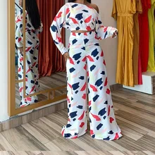 

Fashion and Comfortable Printed Two-piece Suit Ladies Off-shoulder Printed Long-sleeved Top and Wide-leg Pants Women Clothing