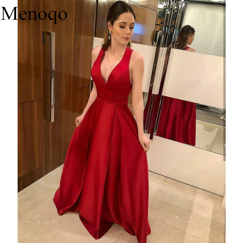 

Menoqo Simple Satin V Neck Evening Dresses Long Party Sleeveless Pageant Evening Gowns Guest Women Formal Dress P39AU14
