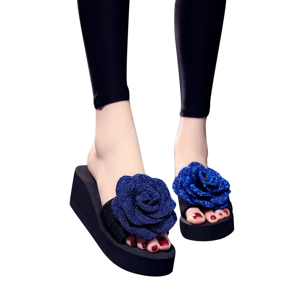 Г., женские шлепанцы летние повседневные пляжные ботинки туфли на танкетке с цветочным рисунком для девочек модные лоферы на платформе Mujer, женские сланцы
