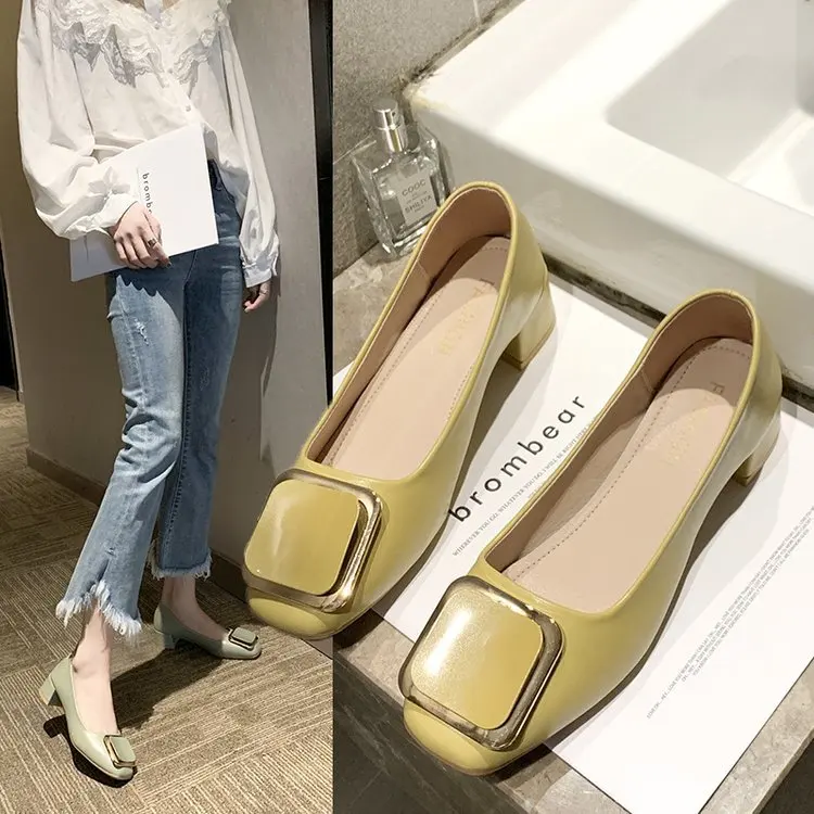 

Shoes Women's Low-Cut 2020 Spring New Style Chunky-Heel Japanese-style Work Shoes Metal Buckle Online Celebrity Elegant Semi-hig
